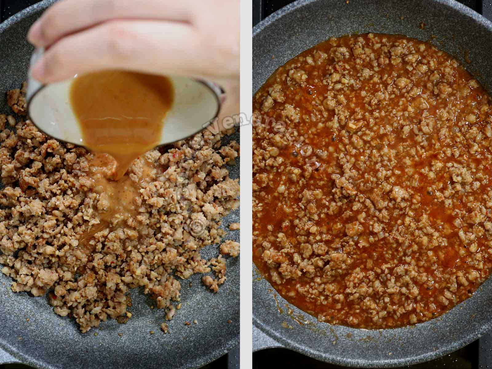 Adding sauce to browned ground pork