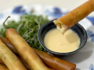 Roast duck, chili and cheese spring rolls