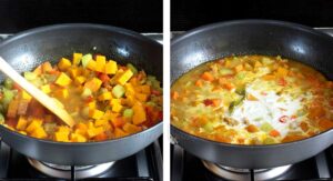 Adding coconut cream to pork and vegetables in pan
