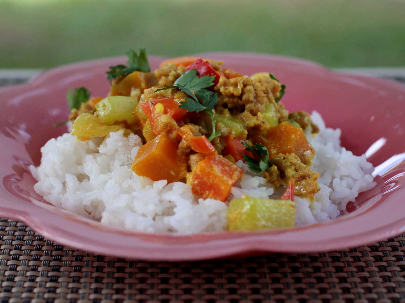 Ground pork and vegetable curry over rice