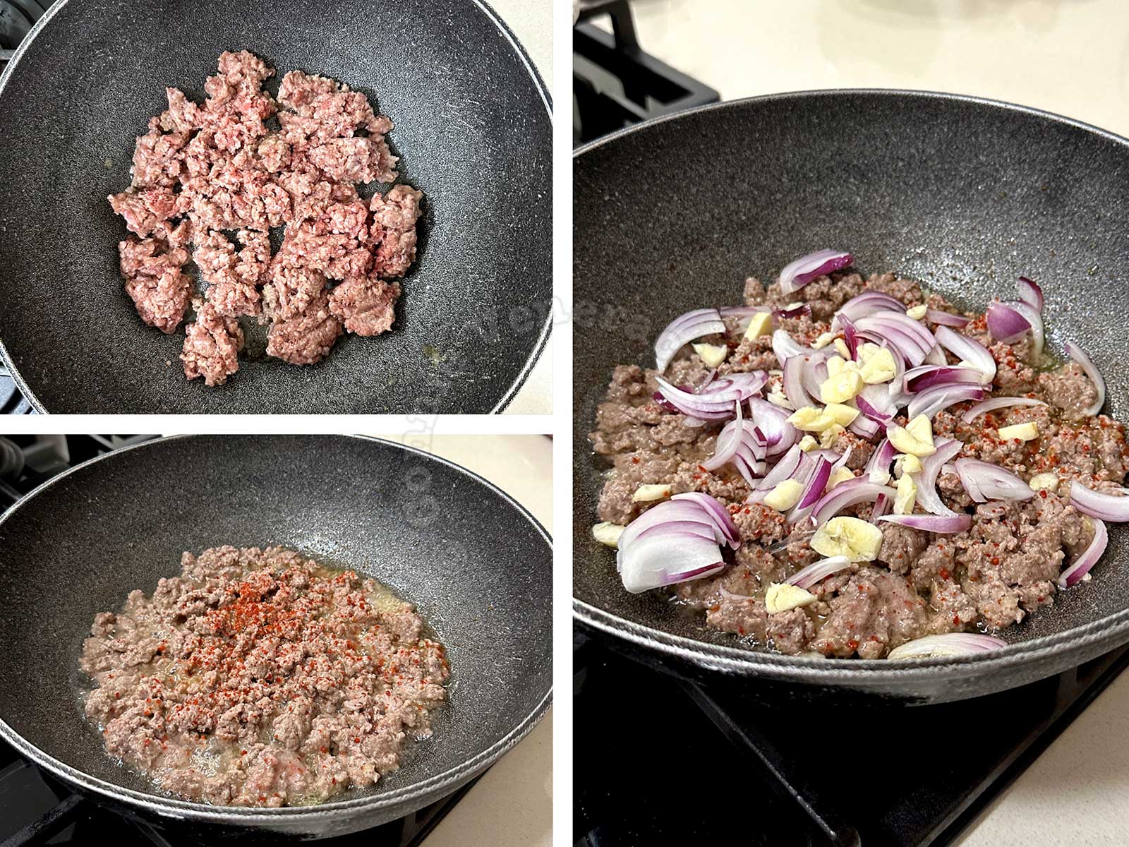 Browning pork and adding spices