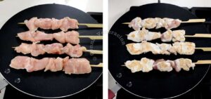 Skewered chicken on pan grill