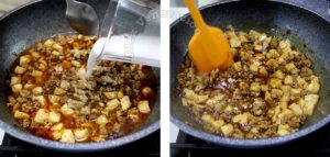 Adding cornstarch solution to mapo tofu to thicken sauce