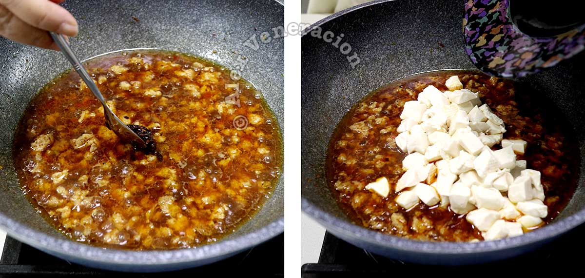 Adding tofu to ground pork and spices