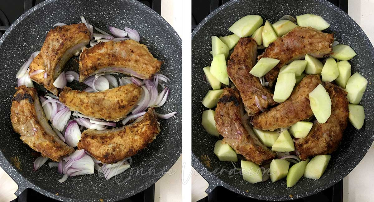 Onion, browned pork ribs and apples in pan