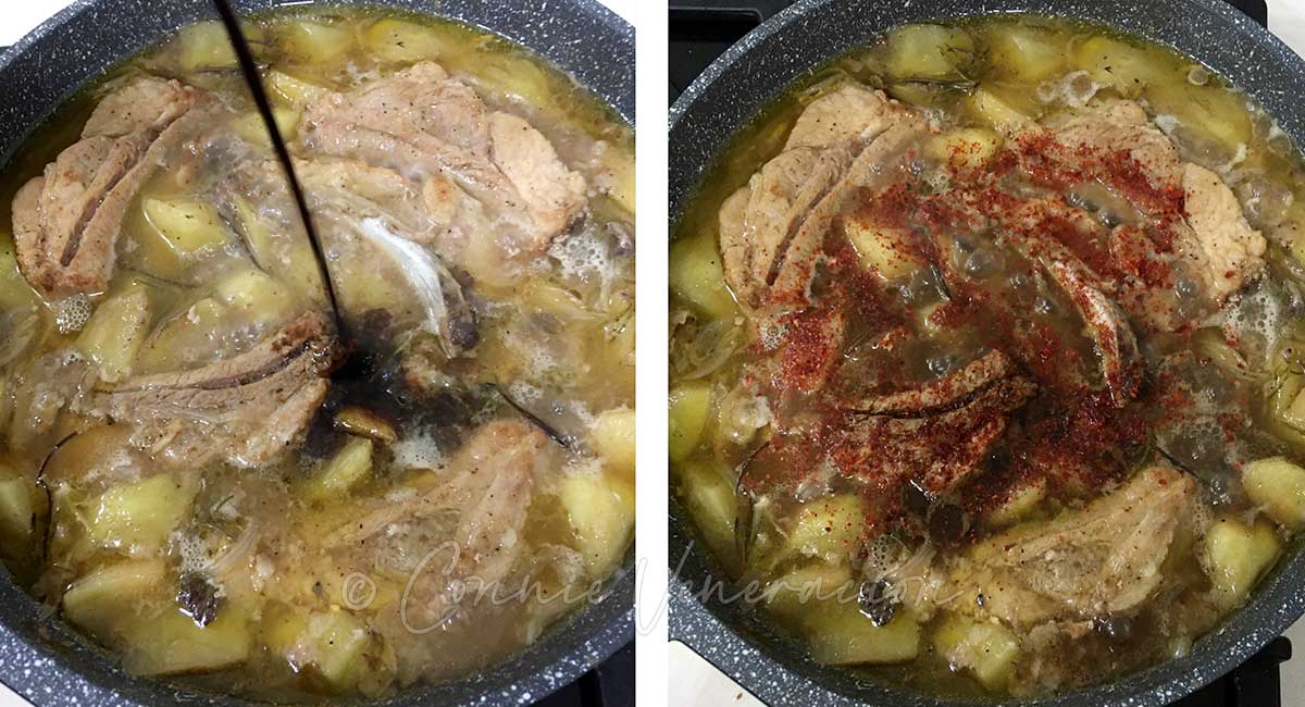 Adding spices and seasonings to Onion, browned pork ribs and apples in pan