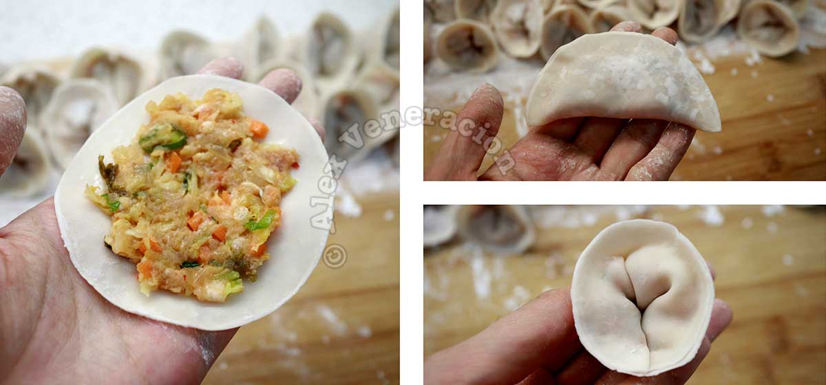 Forming and sealing pork and kimchi mandu (Korean dumplings)