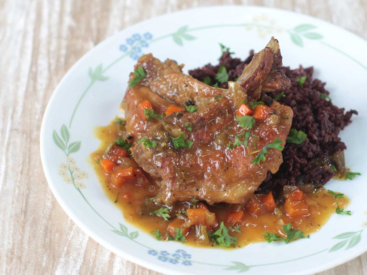 Pork rib chops braised in beer