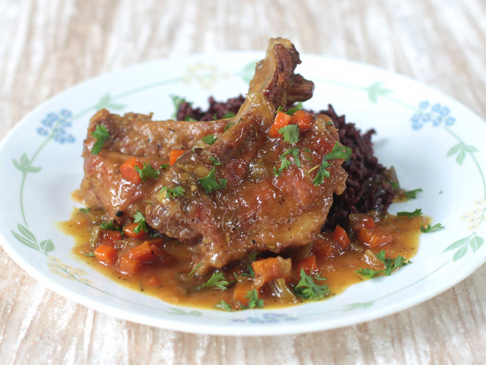 Pork rib chops braised in beer