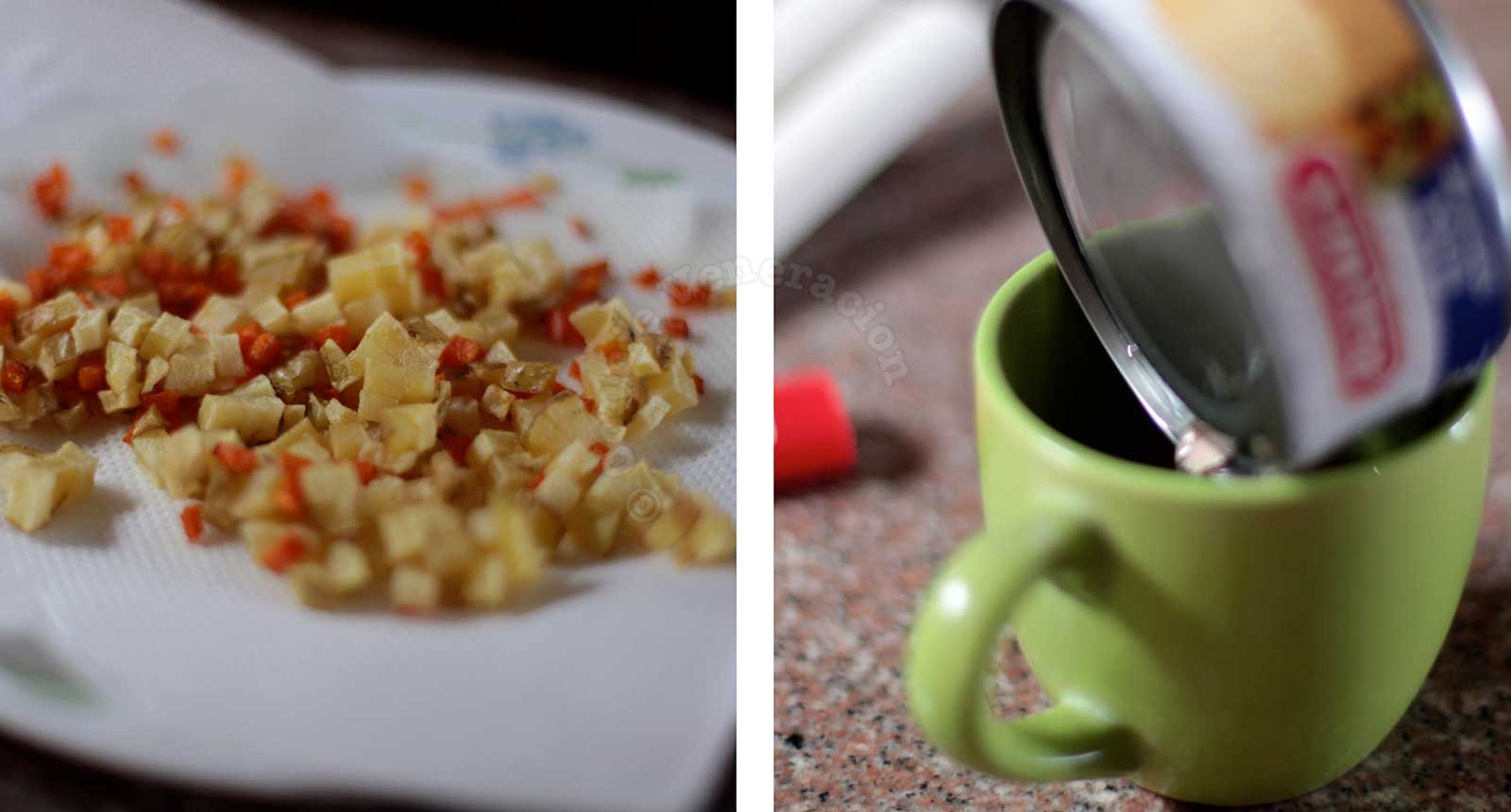 fried carrot and potato / draining a can of tuna