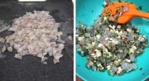 Mixing chopped shrimps and cheese to spices and herbs