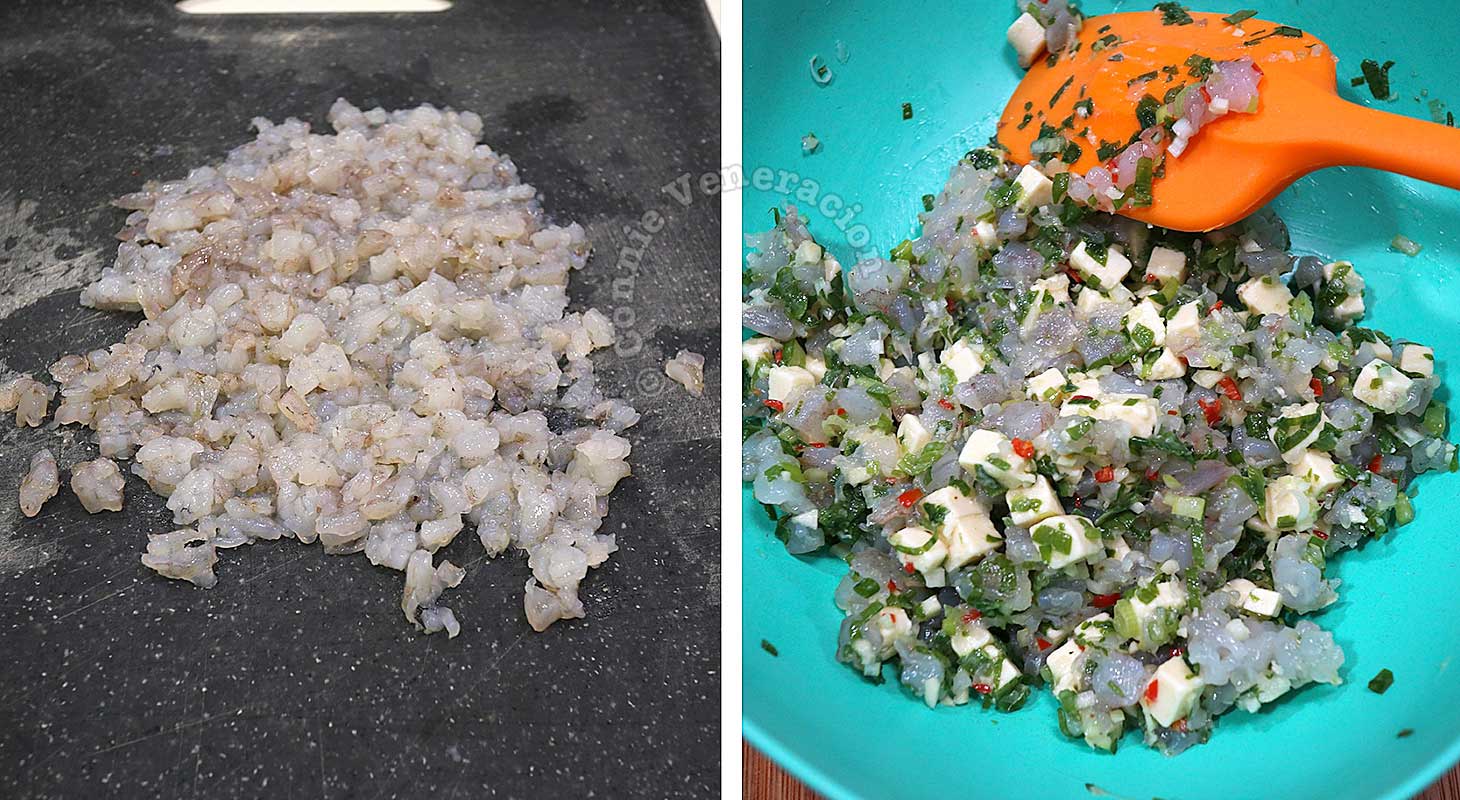 Mixing chopped shrimps and cheese to spices and herbs