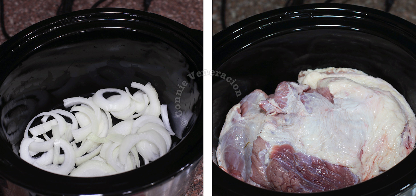 Onion slices and beef in slow cooker