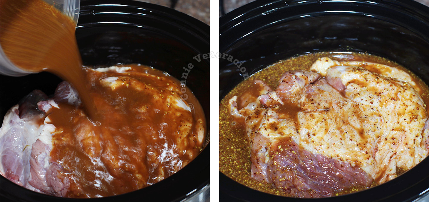 Pouring bbq sauce over beef in slow cooker