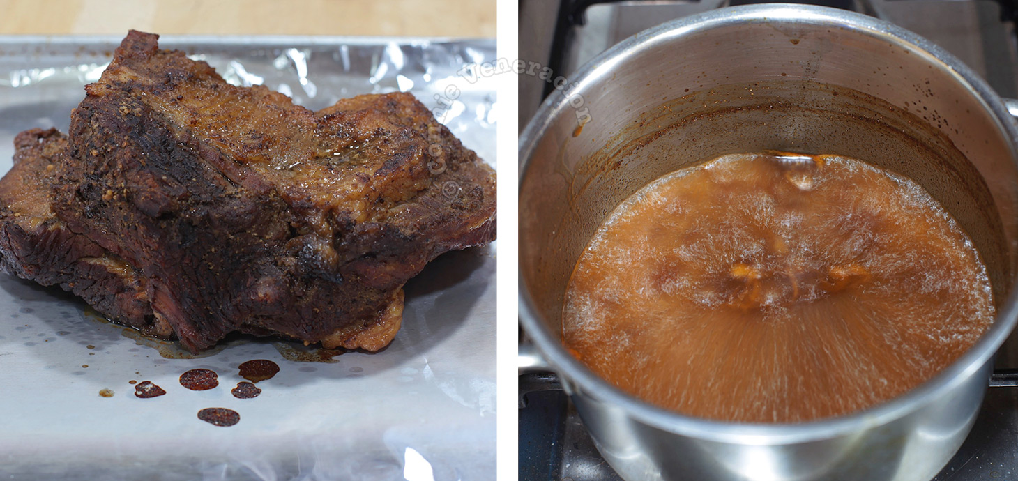 Resting slow cooked beef while reducing cooking liquid
