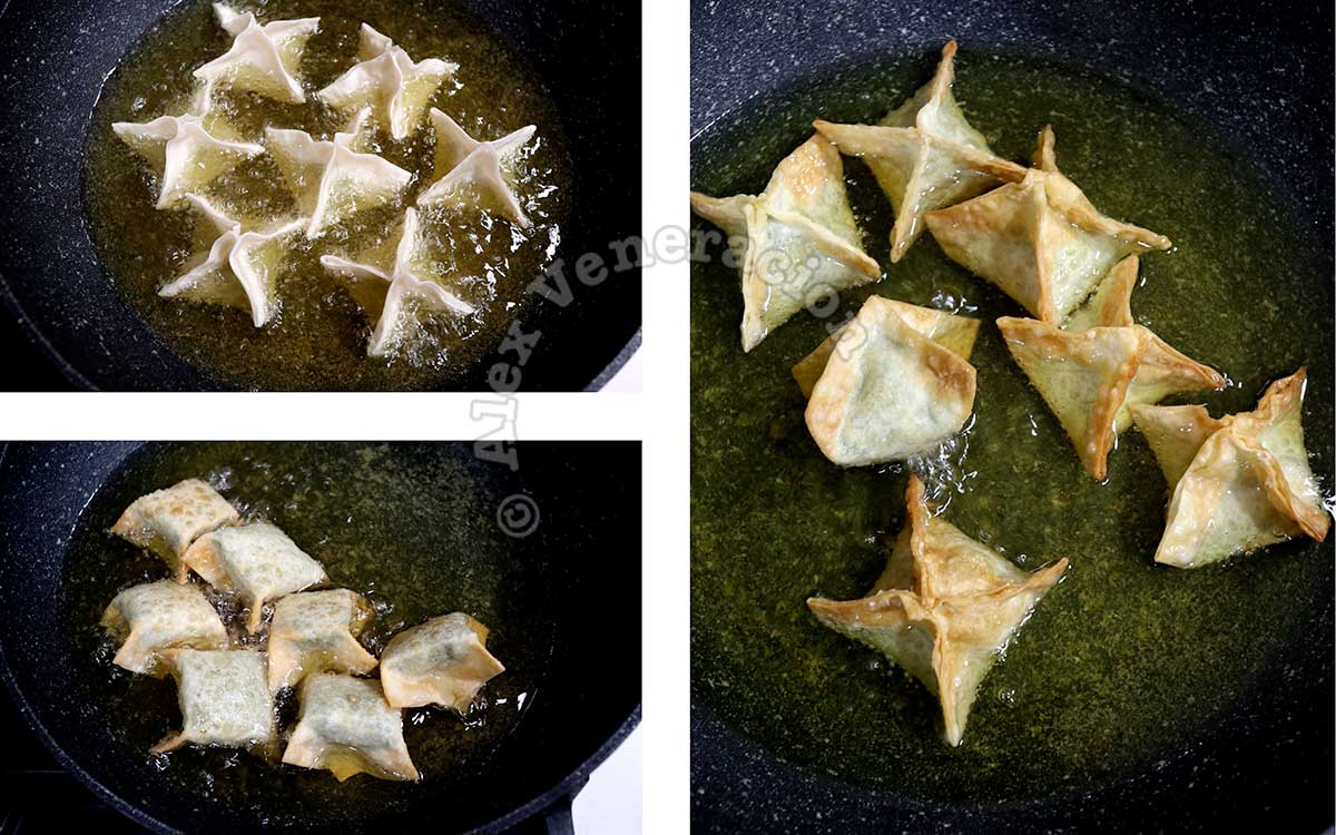Frying spinach and cream cheese wontons