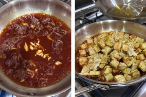 Braising fried eggplants in sweet sour sauce
