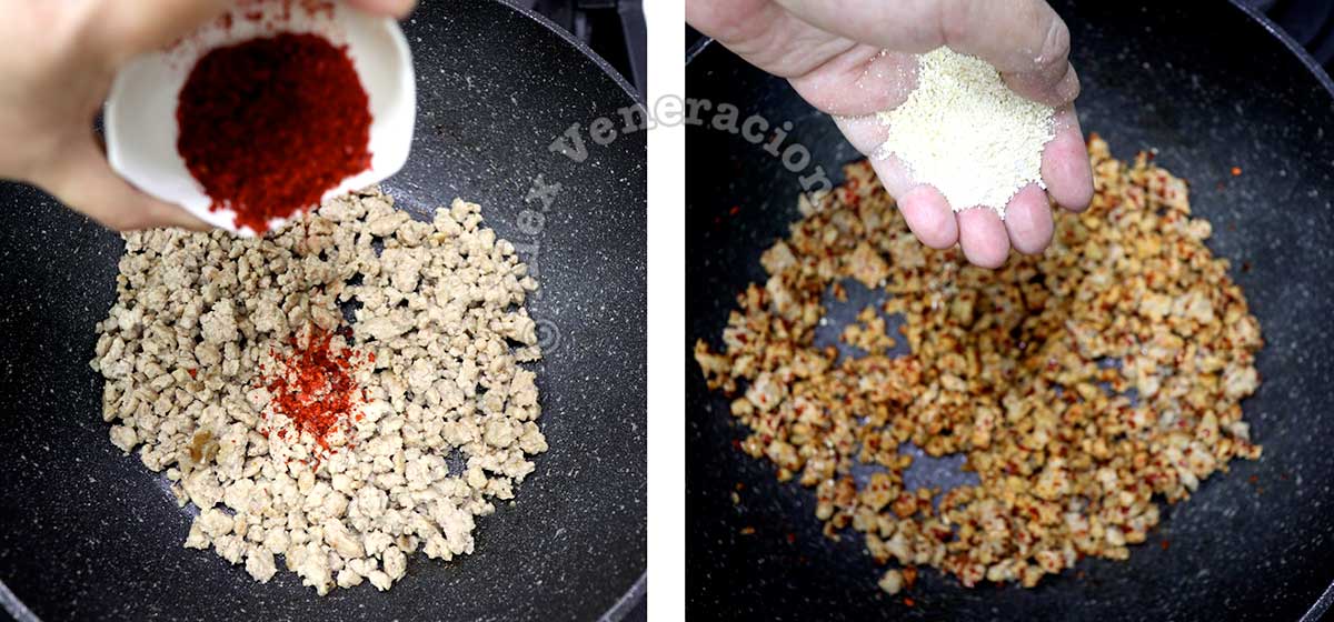 Adding chili flakes and ground toasted rice to browned ground pork in pan