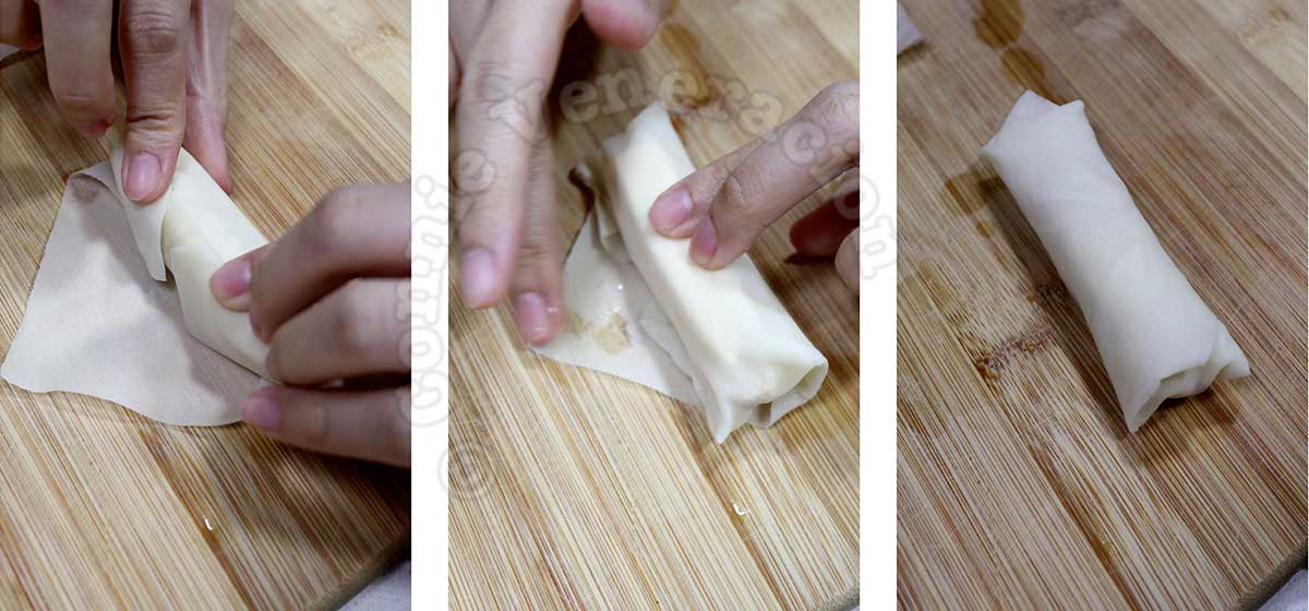 Wrapping banana and cheese with spring roll wrapper