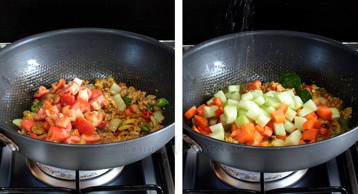 adding vegetables to ground pork in pan