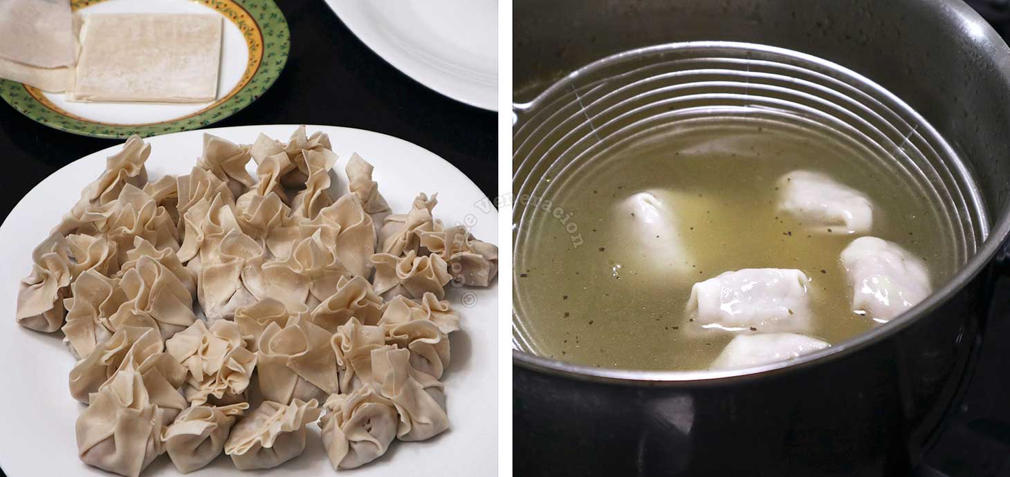 Boiling wontons in broth