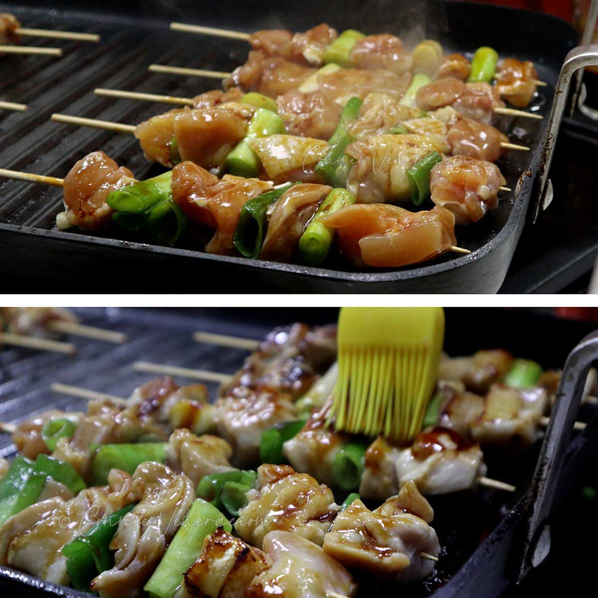 Brushing skewered chicken and scallions with tare (sauce)