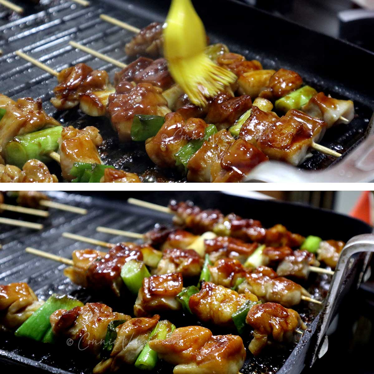 Brushing skewered chicken and scallions with tare (sauce)