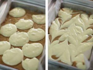 Swirling cheesecake butter into butterscotch brownie batter