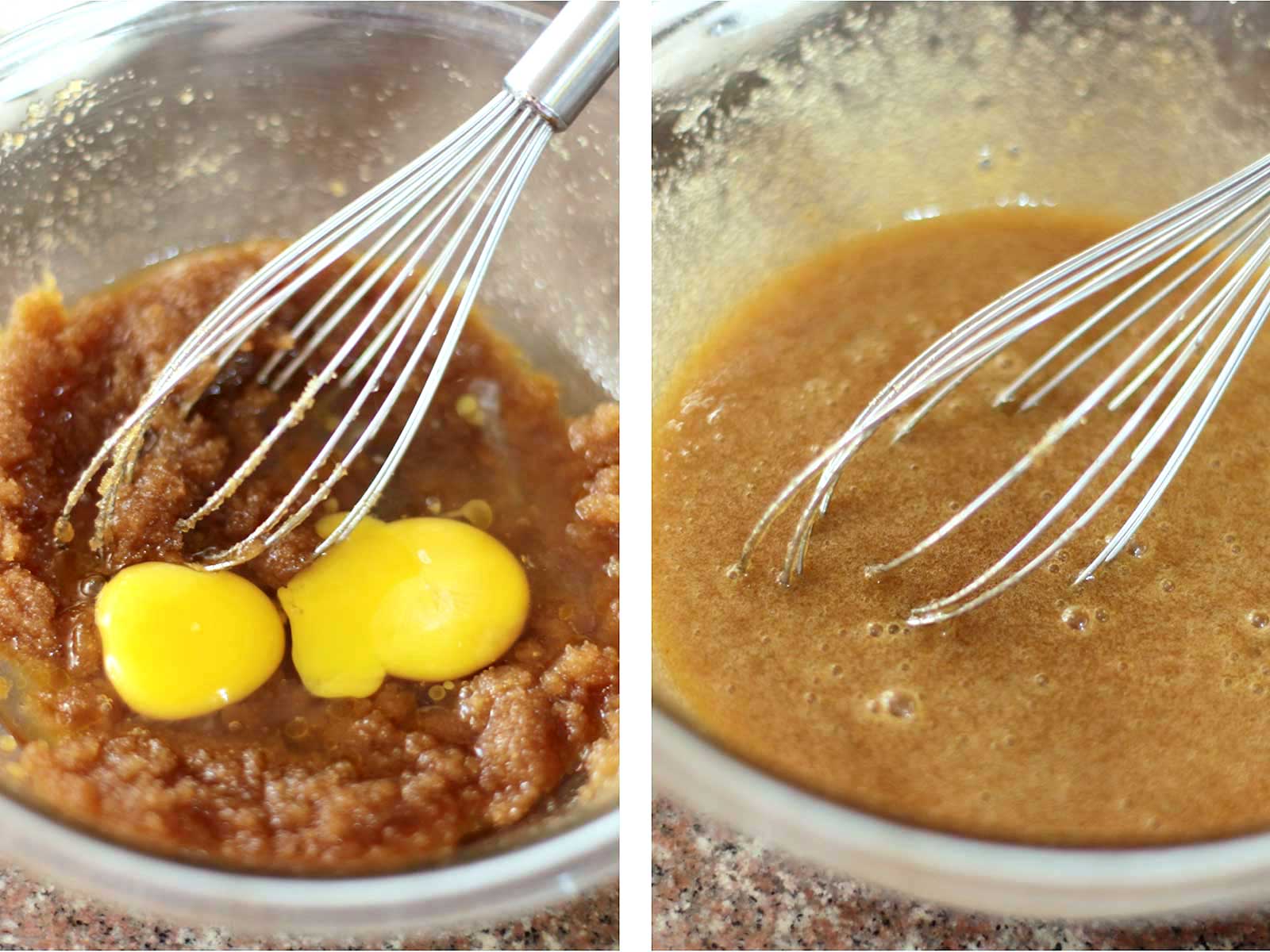 mixing brown sugar, butter and eggs