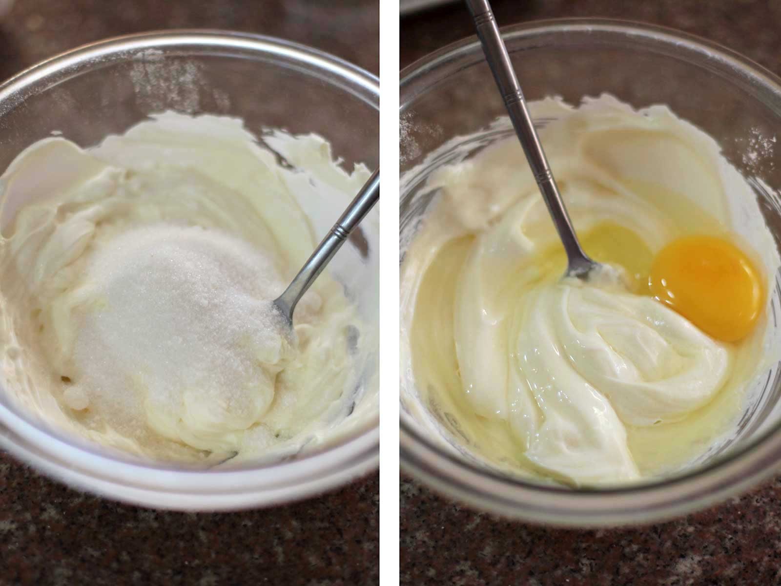 Mixing cream cheese with sugar and eggs