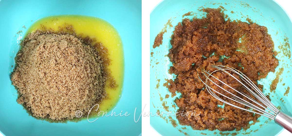Mixing brown sugar with melted butter
