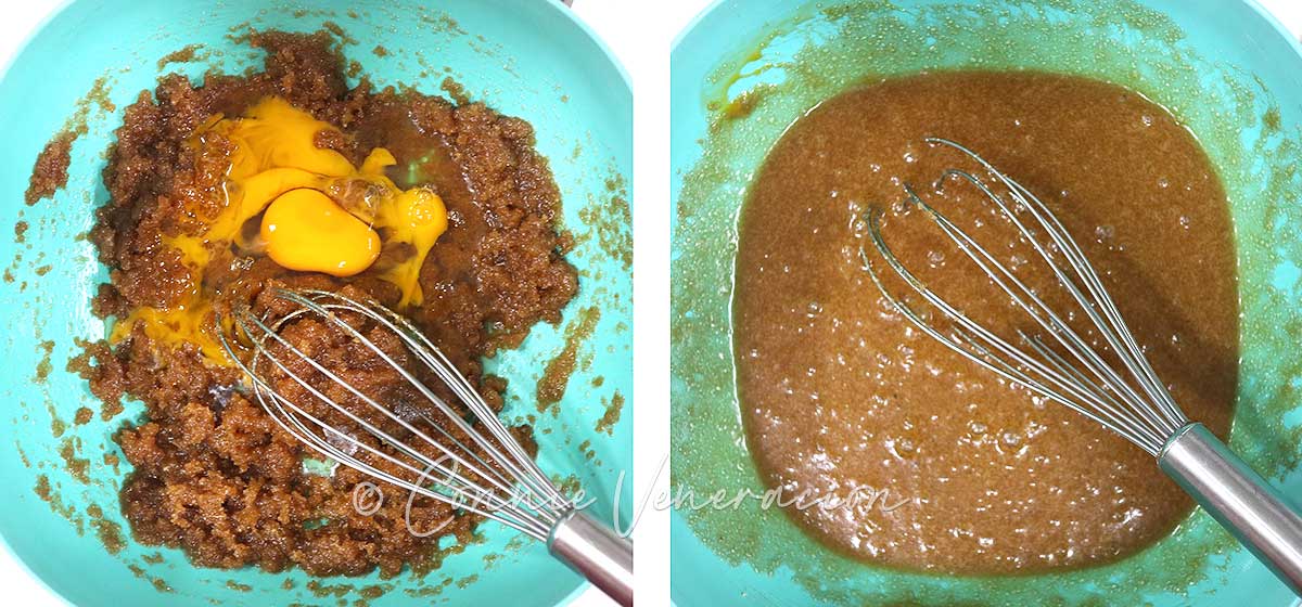 Adding eggs to brown sugar and butter