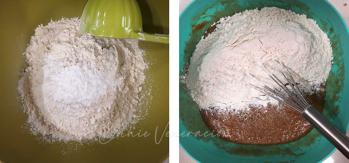 Adding flour, baking powder and salt to brown sugar, butter and eggs