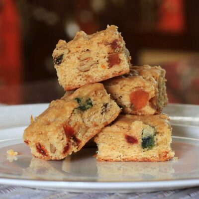 Boozy fruit-and-nut butterscotch brownies