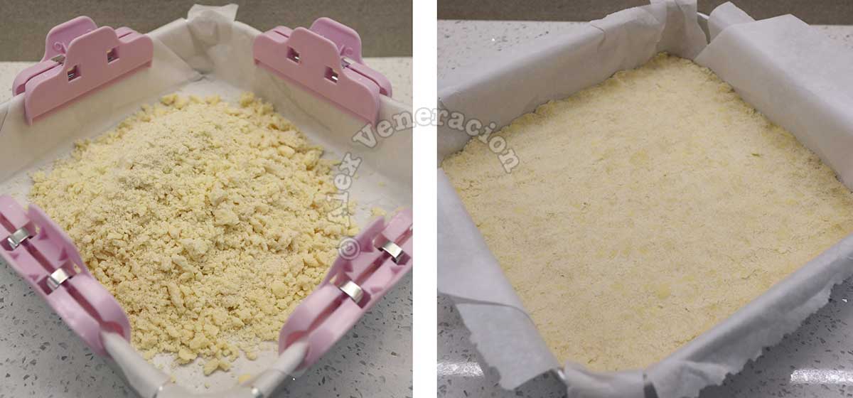 Pressing shortbread mixture into pan