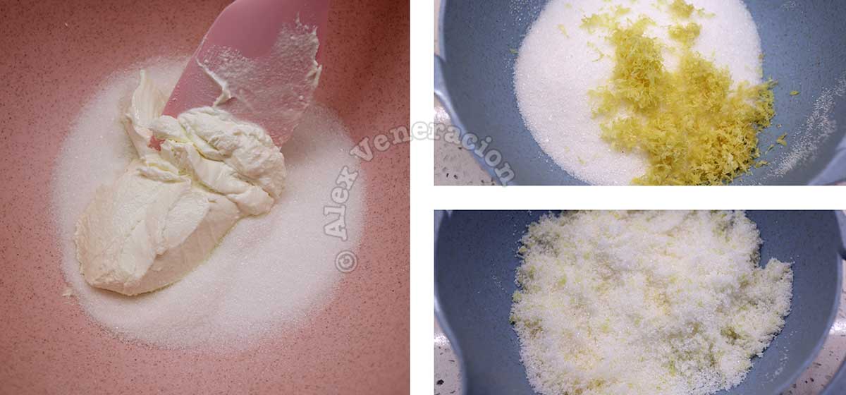 Mixing mascarpone and lemon zest with sugar