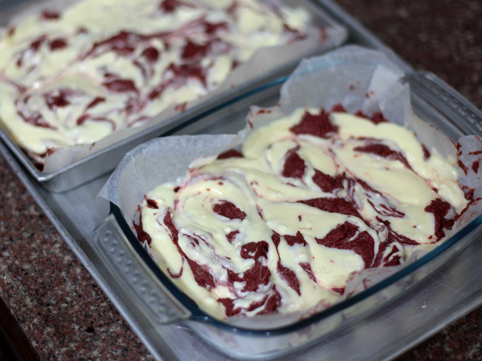 Unbaked red velvet cheesecake squares