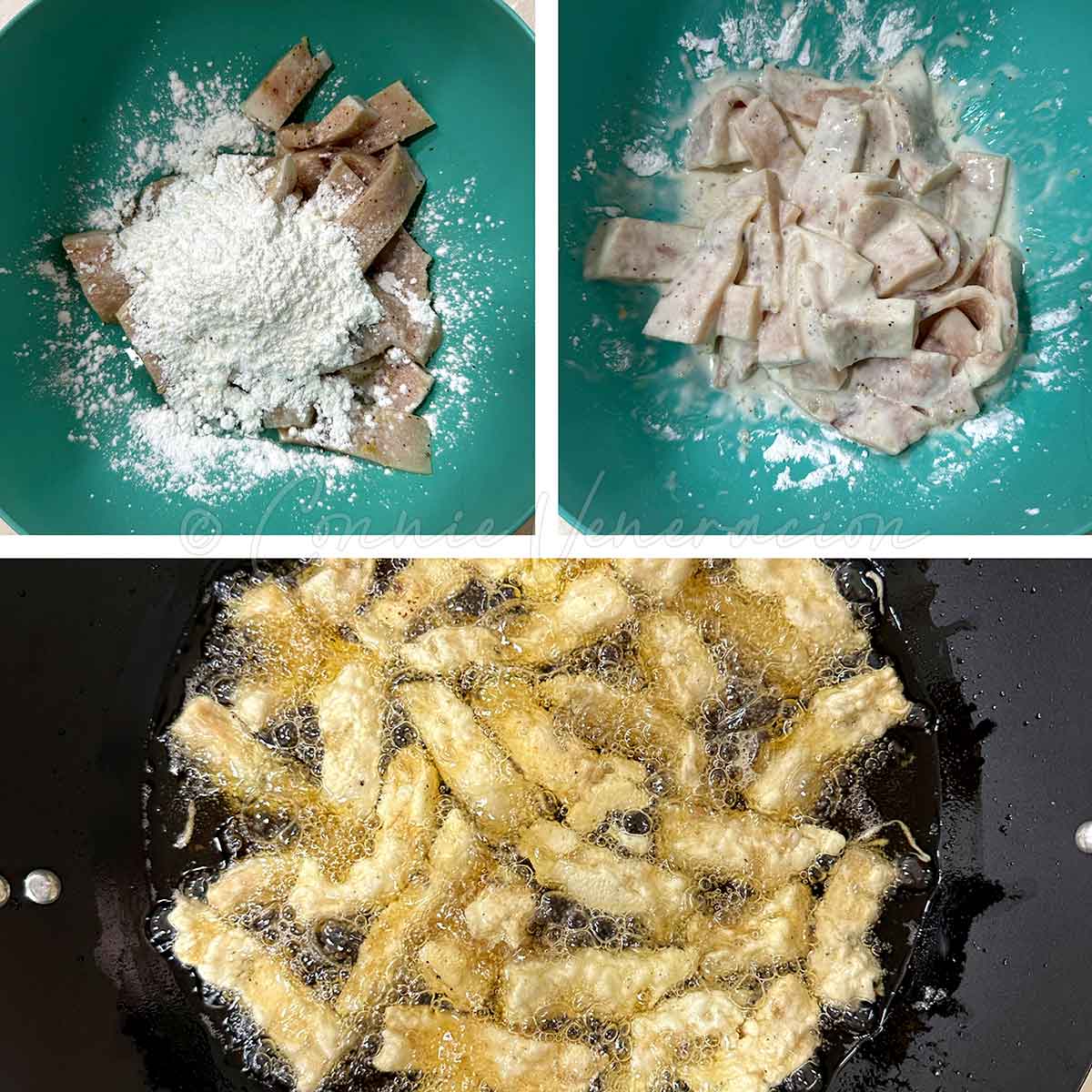 Making lemon sauce with lemon juice, sugar, turmeric, chili flakes, kaffir lime leaves, grated ginger and salt