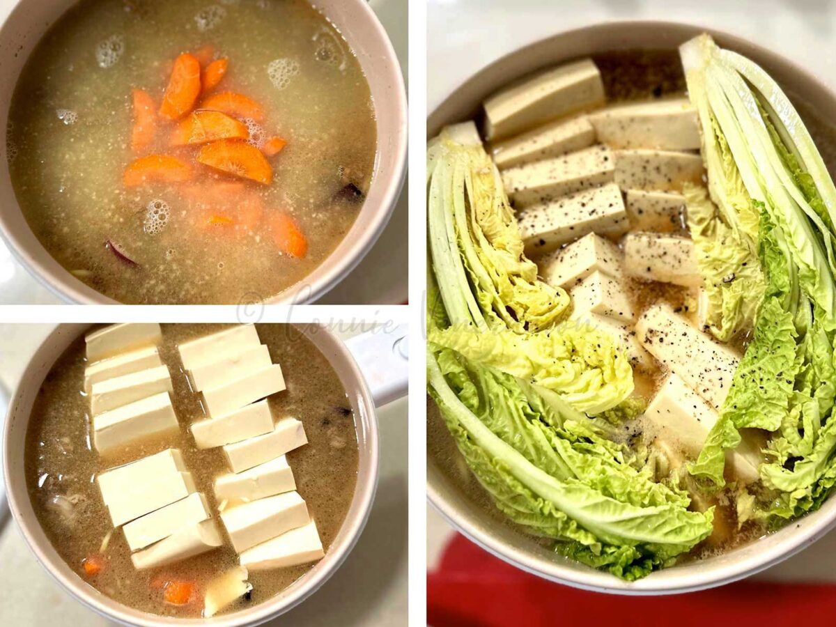 Cooking pork, tofu and dumpling soup in rice cooker