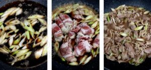 Braising beef and scallions in dashi, soy sauce and sake