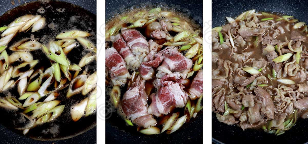 Braising beef and scallions in dashi, soy sauce and sake