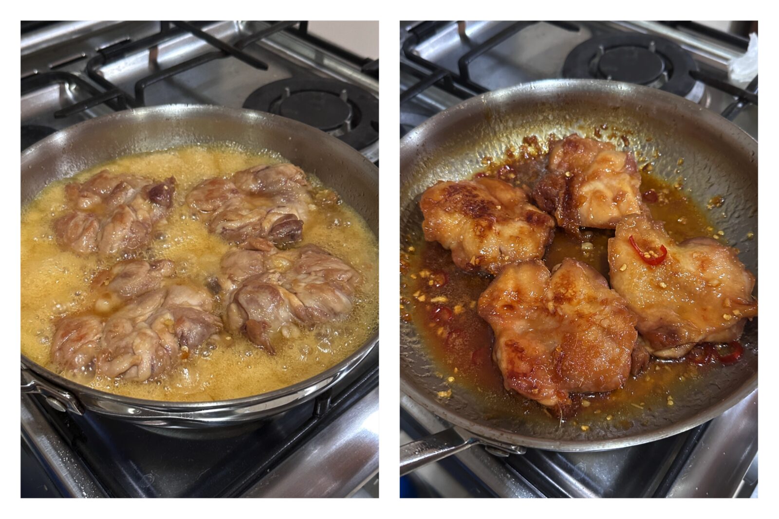 Braising browned chicken thigh fillets