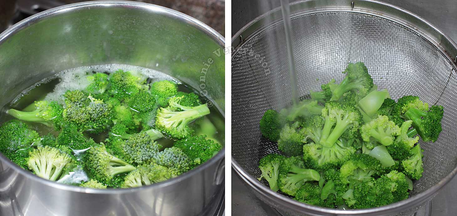 Boiling and rinsing broccoli florets