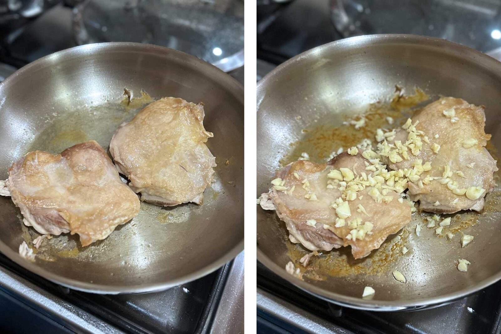 Adding garlic to lightly browned chicken thigh fillets