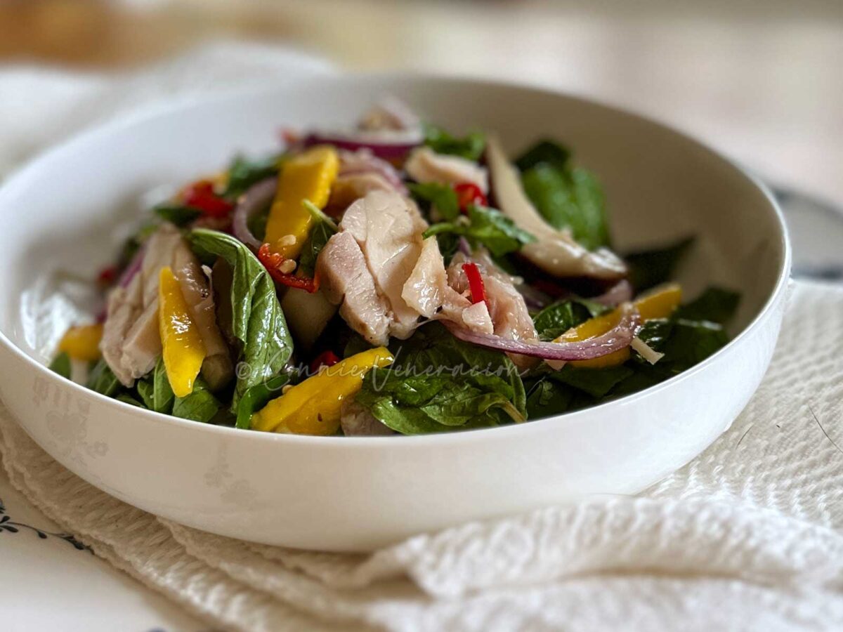 Poached chicken, shiitake and mango salad