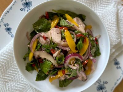Poached chicken, shiitake and mango salad