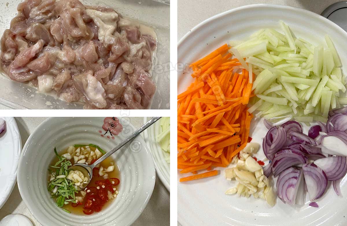 Velveted chicken, sauce and vegetables