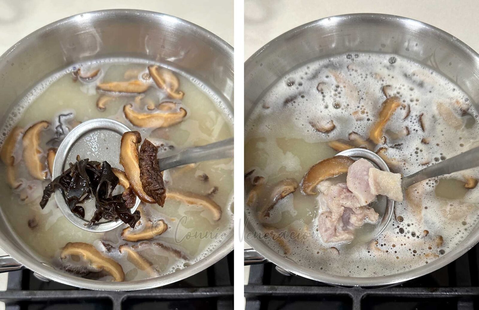 boiling mushrooms and velveted chicken in broth
