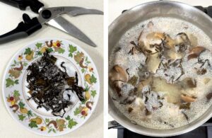 Adding wakame to chicken and mushrooms in pot