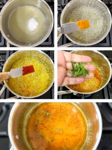 Making lemon sauce with lemon juice, sugar, turmeric, chili flakes, kaffir lime leaves, grated ginger and salt